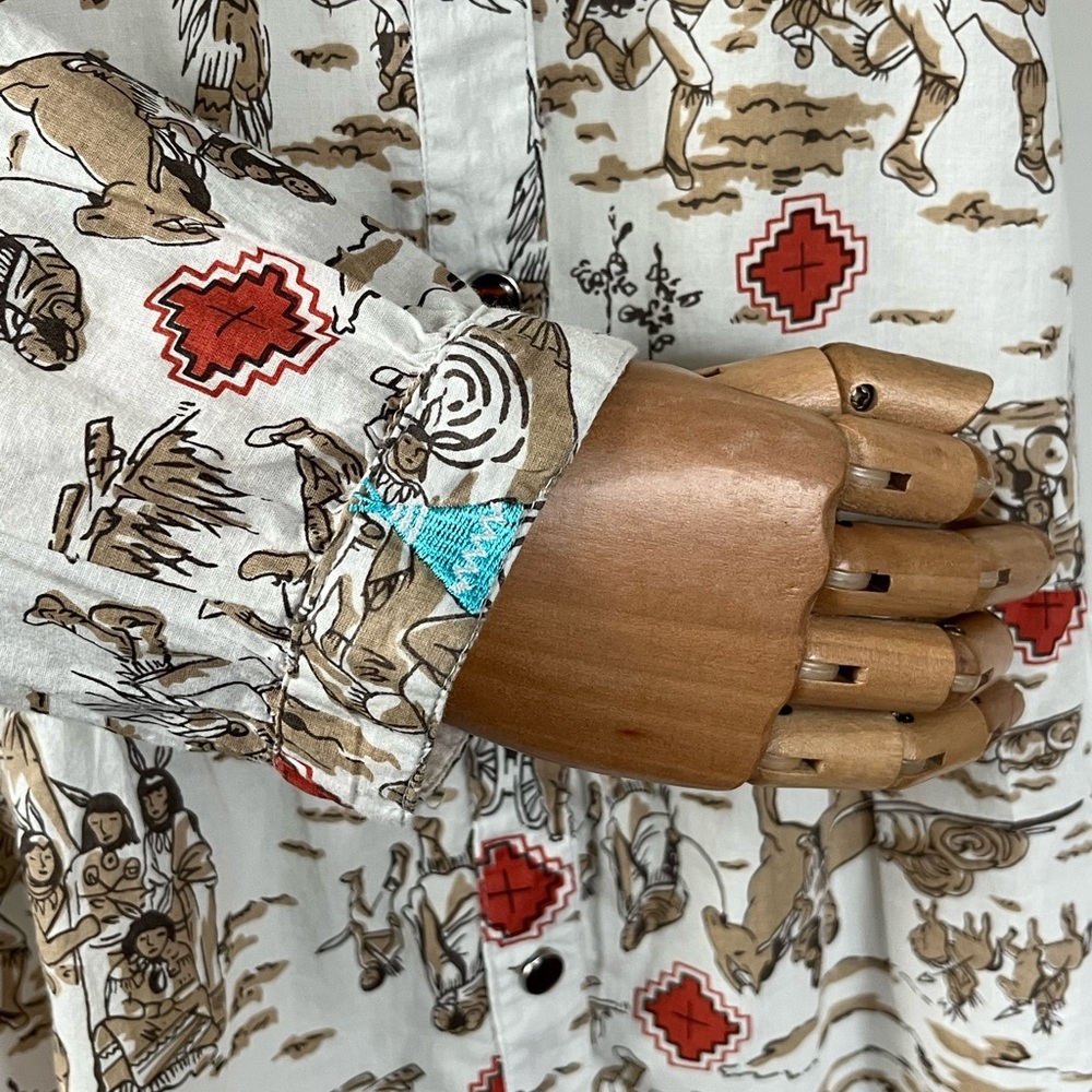 Tasha Polizzi Western Print Rolled Sleeve Tunic With Pockets White Brown Size M - Picture 6 of 16